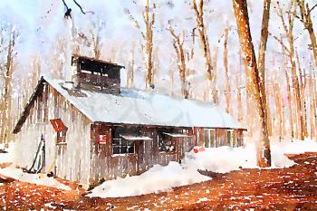 Digital watercolor of a beautiful and aged sugar shack during spring season in Quebec, Canada