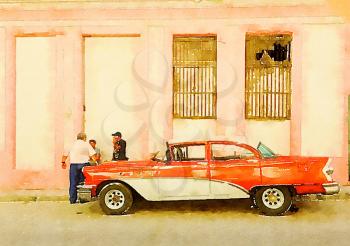 Digital watercolor of red classic american old car with old friends talking together in Havana in Cuba