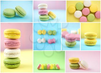 Collage of pink, yellow, white and green traditional french macaroons on different vibrant pastel colour background