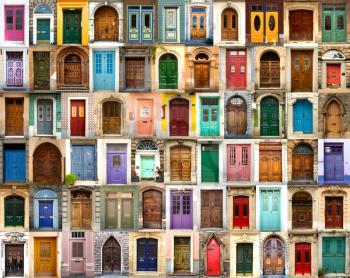 Collage of wooden, colourful and antic doors from all around the world