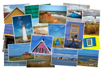 Collage from fabulous location of Magdalen island in Canada on white background