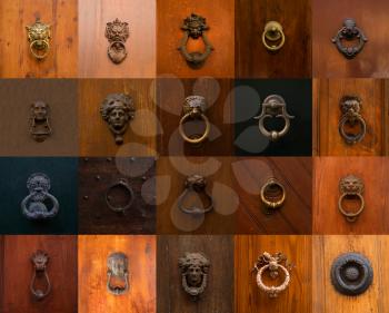 Collage of a variety of knockers and handles on doors in Rome, Italy.