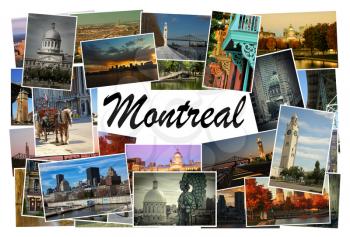 Collage of images from famous location in Montreal, Canada with copy space in the middle with the word Montreal on white background