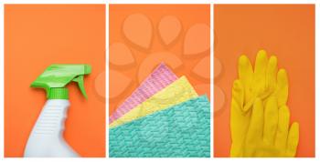 Collage of three different colours of cleaning sponges, yellow gloves and a cleaning spray bottle on an orange background