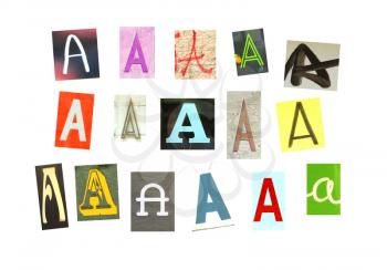 Alphabet collection Capital A, with the letter being formed with a collage of smaller images, of both capital and lowercase letters, in a variety of fonts and colours. Isolated on white background