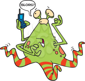 Royalty Free Clipart Image of an Alien Talking on a Phone