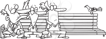 Royalty Free Clipart Image of Men on a Bench Looking at a Bird