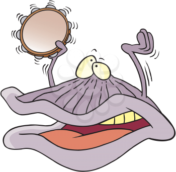 Royalty Free Clipart Image of a Clam Playing Tambourine