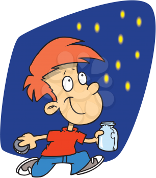 Royalty Free Clipart Image of a Boy Chasing Fireflies