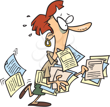 Royalty Free Clipart Image of a Woman Carrying a Pile of Papers