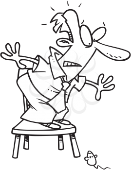 Royalty Free Clipart Image of a Man Frightened by a Mouse Standing on a Chair