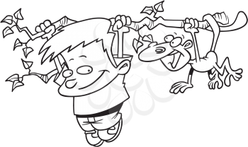 Royalty Free Clipart Image of a Boy Hanging on a Branch With a Monkey