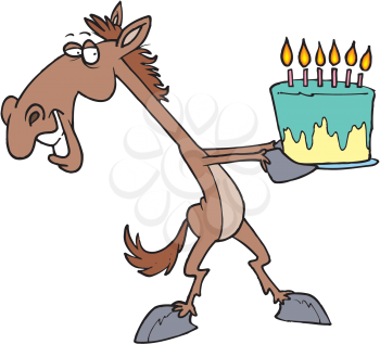 Royalty Free Clipart Image of a Horse With a Birthday Cake