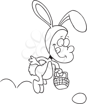 Royalty Free Clipart Image of a Child in a Bunny Suit Looking for Easter Eggs