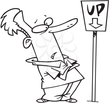 Royalty Free Clipart Image of a Man Looking at an Up Sign With a Down Arrow