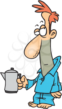 Royalty Free Clipart Image of a Man in His Pyjamas Carrying a Coffee Pot