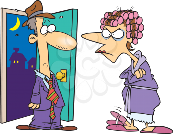 Royalty Free Clipart Image of a Woman Angry With Her Husband For Coming Home Late