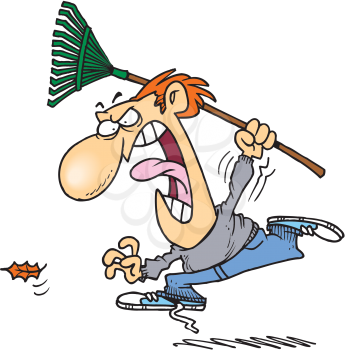 Royalty Free Clipart Image of a Man With a Rake Chasing a Leaf