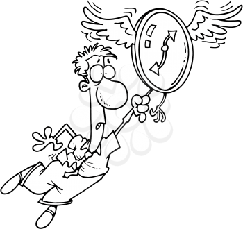 Royalty Free Clipart Image of a Man Holding on to a Flying Clock