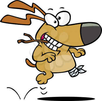 Royalty Free Clipart Image of an Injured Dog Hopping with a Stick in Mouth