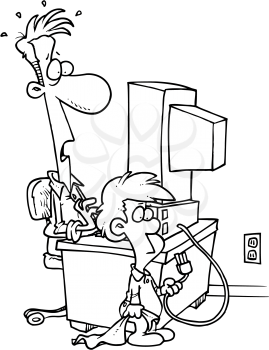 Royalty Free Clipart Image of a Man at a Computer and a Child With the Plug