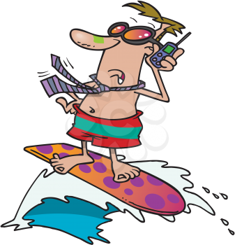Royalty Free Clipart Image of a Man on a Surfboard Wearing a Tie and Talking on a Phone