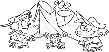 Royalty Free Clipart Image of Boys Camping and a Bear Hiding Behind the Tent