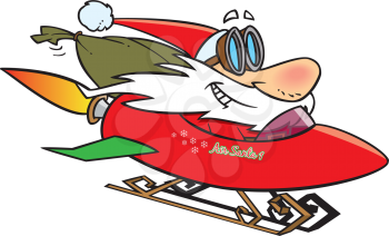 Royalty Free Clipart Image of Santa in a Rocket Sleigh