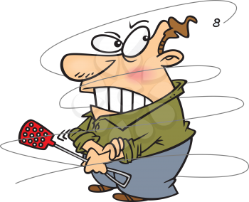 Royalty Free Clipart Image of a Guy With a Fly Swatter Trying to Catch a Fly