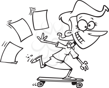 Royalty Free Clipart Image of a Woman on a Skateboard Throwing Papers
