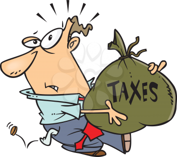 Royalty Free Clipart Image of a Man With a Big Bag of Money for Taxes and a Coin Falling Out of His Pocket