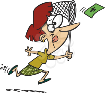 Royalty Free Clipart Image of a Woman Chasing Money With a Butterfly Net
