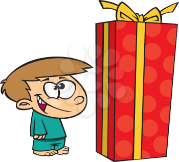 Royalty Free Clipart Image of a Boy Looking at a Large Present