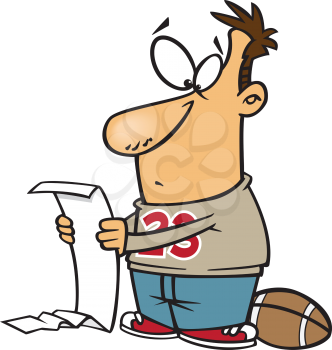 Royalty Free Clipart Image of a Man With a Football Reading a Long List