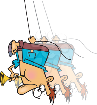 Royalty Free Clipart Image of a Man Blowing a Horn Hanging Upside Down