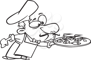 Royalty Free Clipart Image of a Male Blowing Out Candles on a Pizza