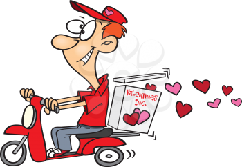 Royalty Free Clipart Image of a Man Riding a Scooter Delivering Hearts