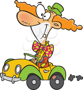 Royalty Free Clipart Image of a Clown in a Car