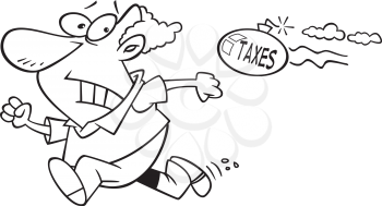 Royalty Free Clipart Image of a Man Running from a Bomb that says Taxes