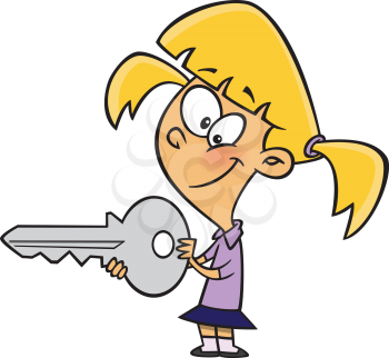 Royalty Free Clipart Image of a Girl With a Big Key