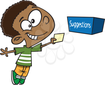 Royalty Free Clipart Image of a Boy Putting a Card in a Suggestion Box