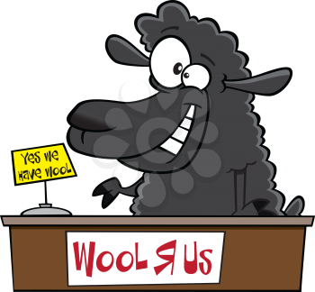 Royalty Free Clipart Image of a Sheep Selling Wool at a Desk