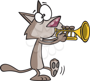 Royalty Free Clipart Image of a Cat Playing a Trumpet