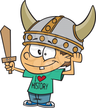 Royalty Free Clipart Image of a Child Who Loves History Wearing a Viking Helmet