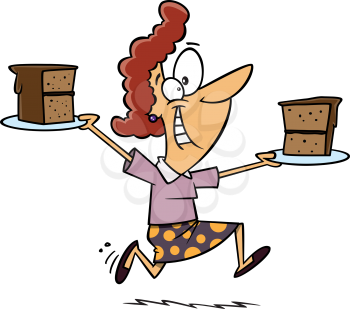 Royalty Free Clipart Image of a Woman Running With Two Pieces of Cake on Plates