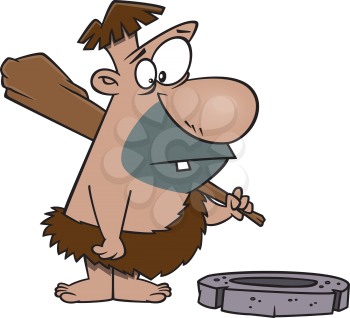 Royalty Free Clipart Image of a Caveman Looking at a Wheel