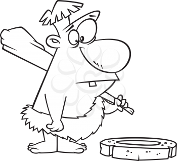 Royalty Free Clipart Image of a Caveman Looking at a Wheel