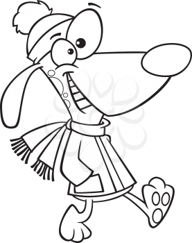 Royalty Free Clipart Image of a Dog Dressed in Winter Clothes Walking on His Back Legs