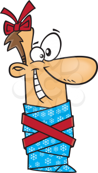 Royalty Free Clipart Image of a Man Wrapped as a Present