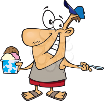 Royalty Free Clipart Image of a Man Eating a Dish of Ice Cream